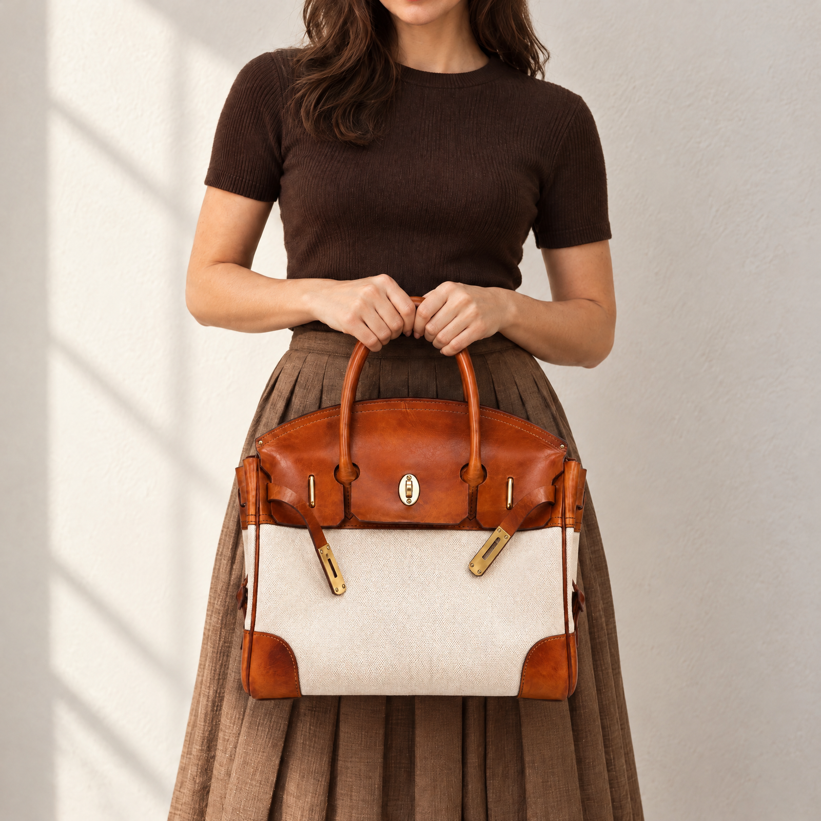 The Vivienne Top Handle Bag in Cognac Canvas, carry
