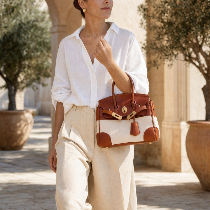 Velantra Delphine in Light Chocolate, carried in the crook of the arm#color_light-chocolate