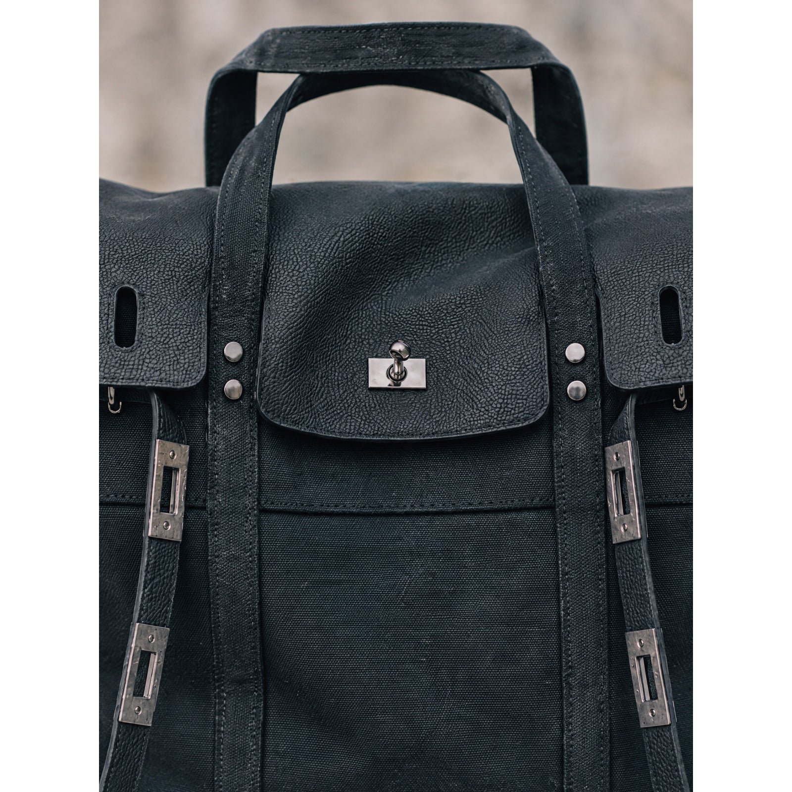 Lucienne Canvas Tote in Black, flap detail