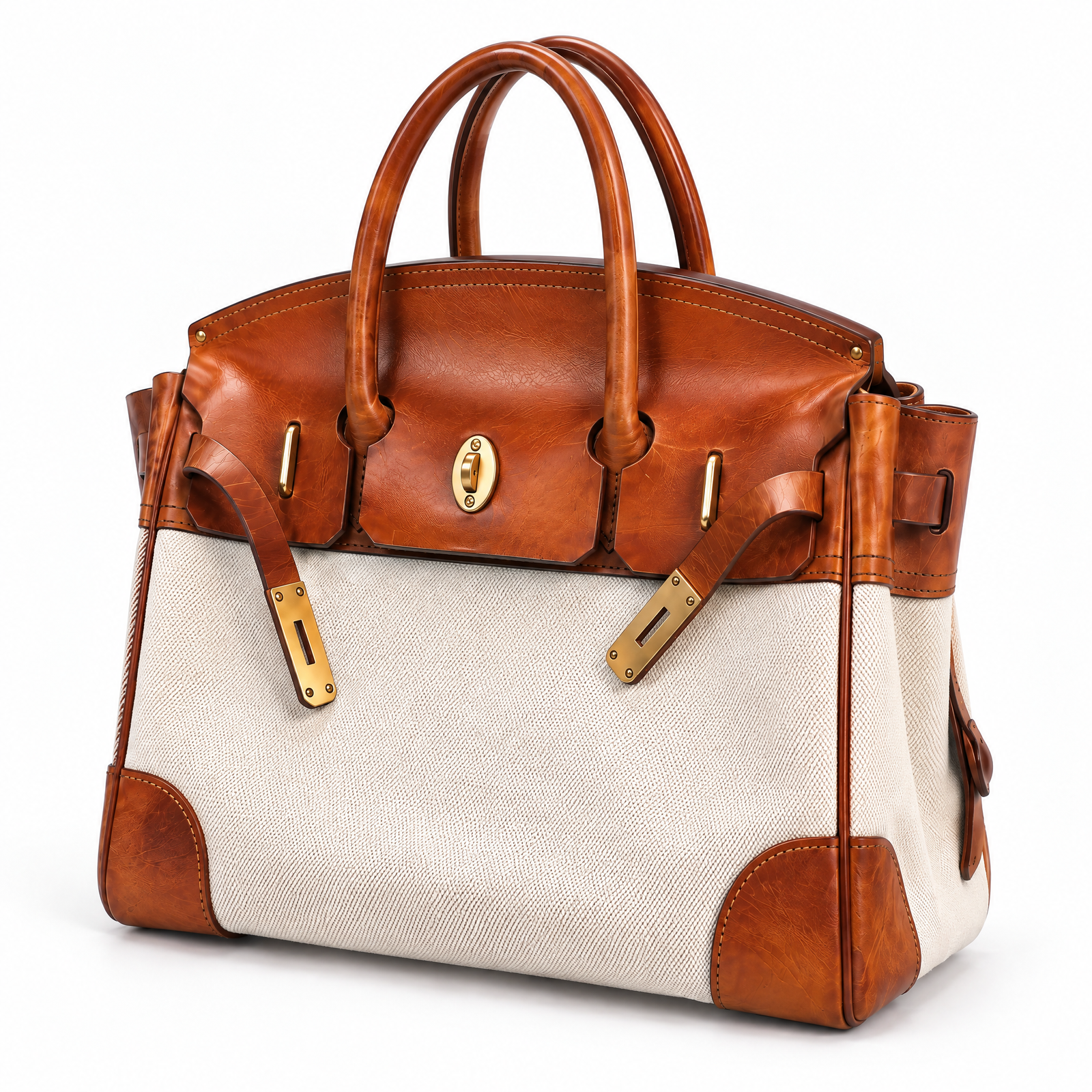 The Vivienne Top Handle Bag in Cognac Canvas, three quarter