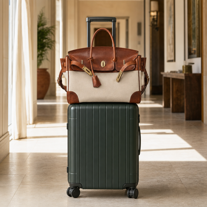 Velantra Weekender in Light Chocolate stacked on top of a rolling carry-on suitcase, true to scale#color_light-chocolate