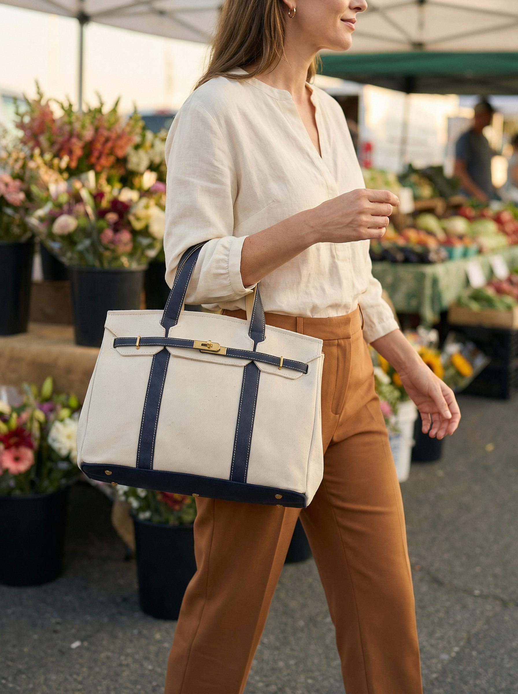 Woman carrying the Boat Tote at a coastal farmers market