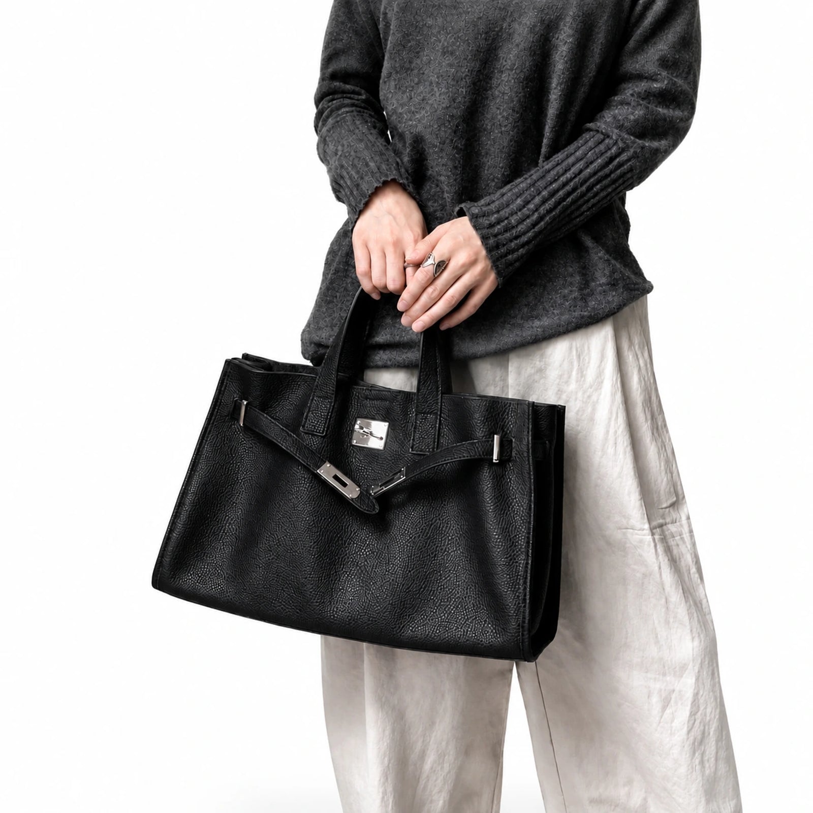 Velantra Margot Leather Tote - Midnight Black On-model