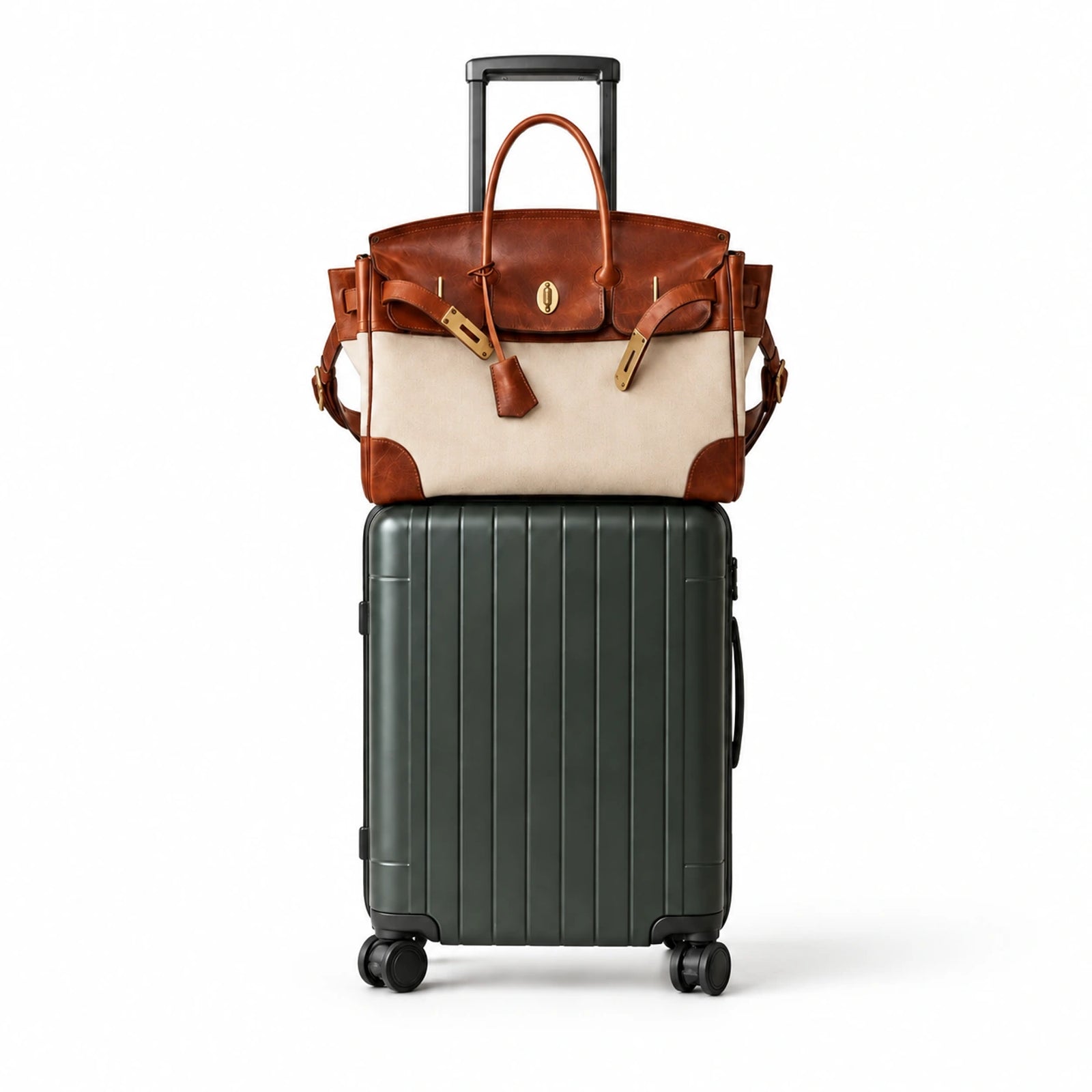 Velantra Weekender in Cognac stacked on top of a rolling carry-on suitcase, true to scale