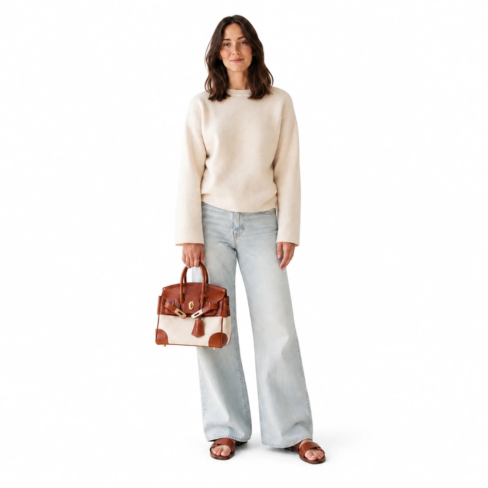 Velantra Delphine in Light Chocolate, carried in the hand, true to scale