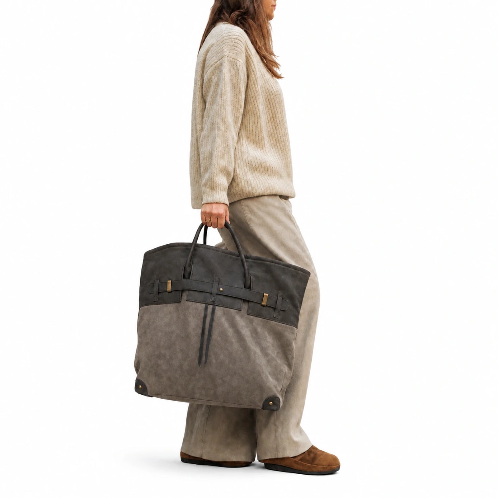 The Juliette Suede Tote in Stone, lifestyle