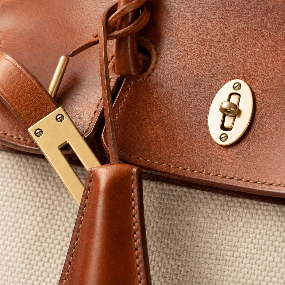 Velantra Weekender in Cognac, hardware detail