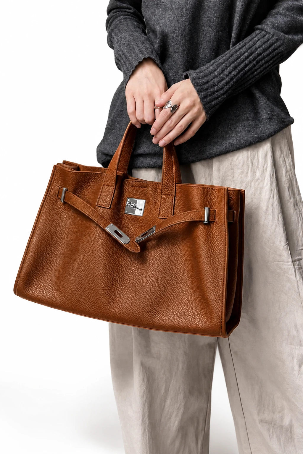 Velantra Margot Leather Tote - Brown On-model