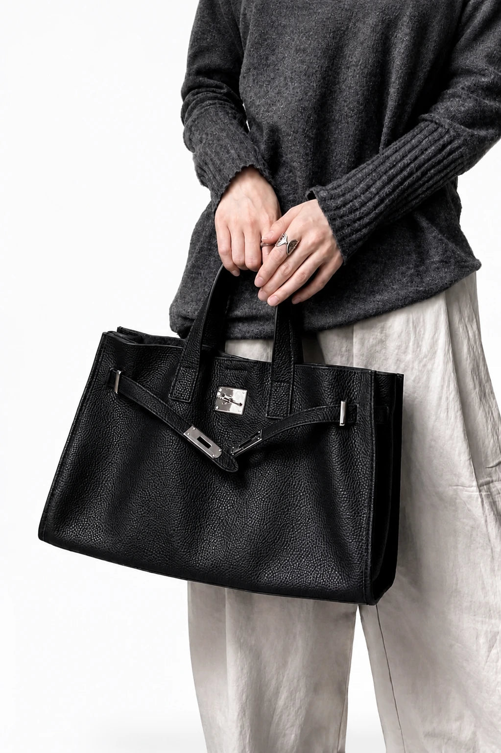 Velantra Margot Leather Tote - Midnight Black On-model