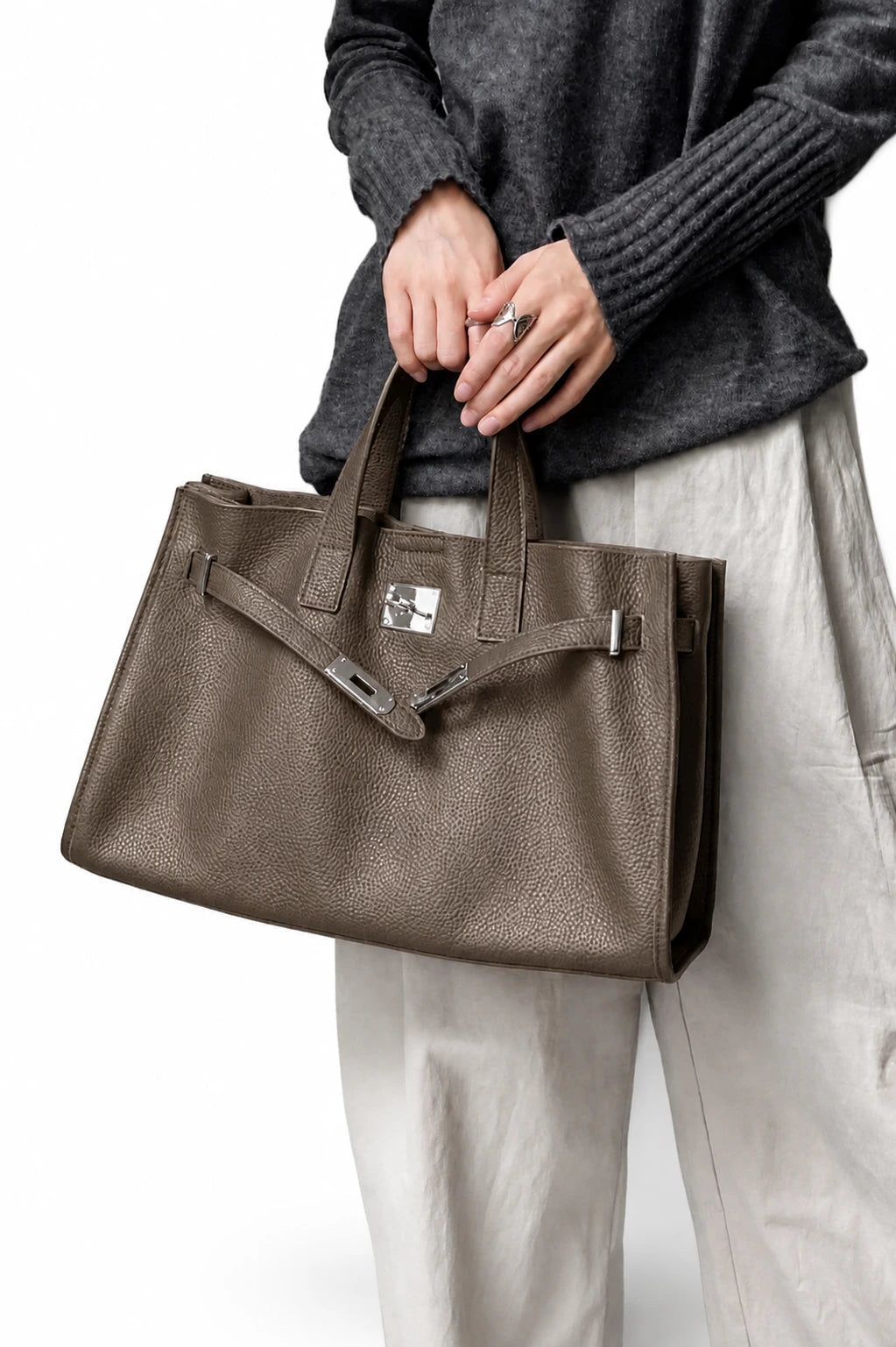 Velantra Margot Leather Tote - Coffee Brown On-model