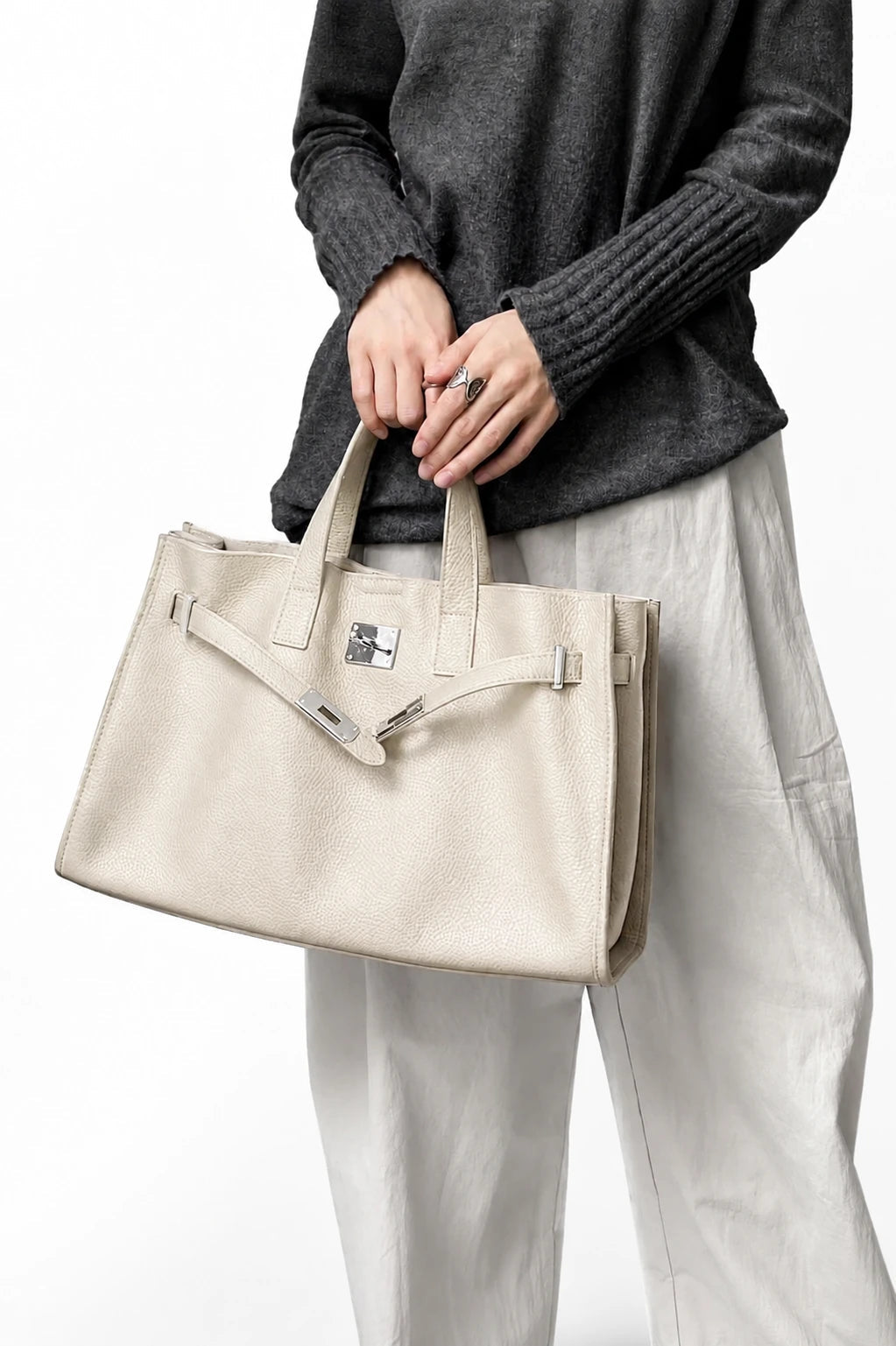 Velantra Margot Leather Tote - Cream On-model