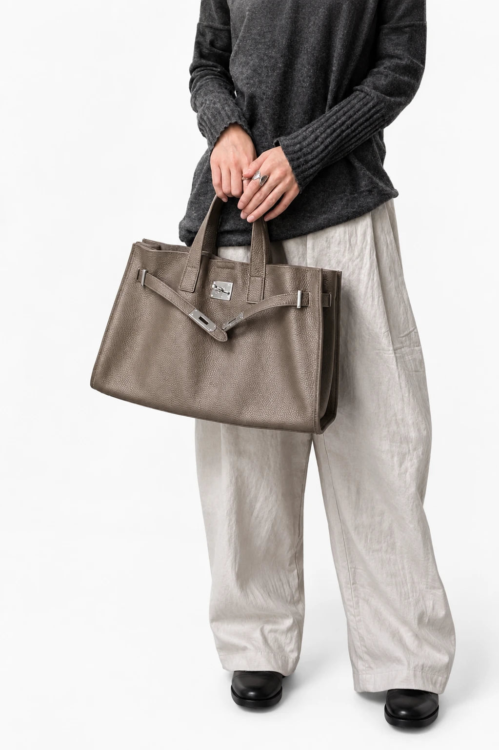 Velantra Margot Leather Tote - Taupe On-model