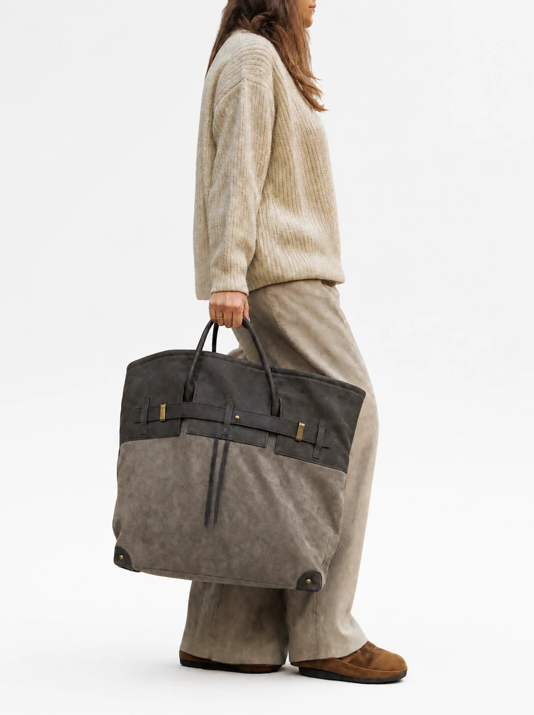 The Juliette Suede Tote in Stone, lifestyle
