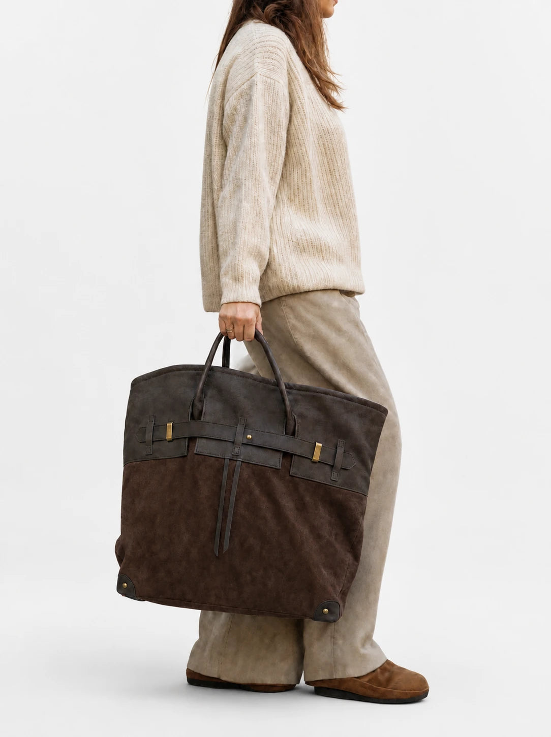 The Juliette Suede Tote in Chocolate, lifestyle