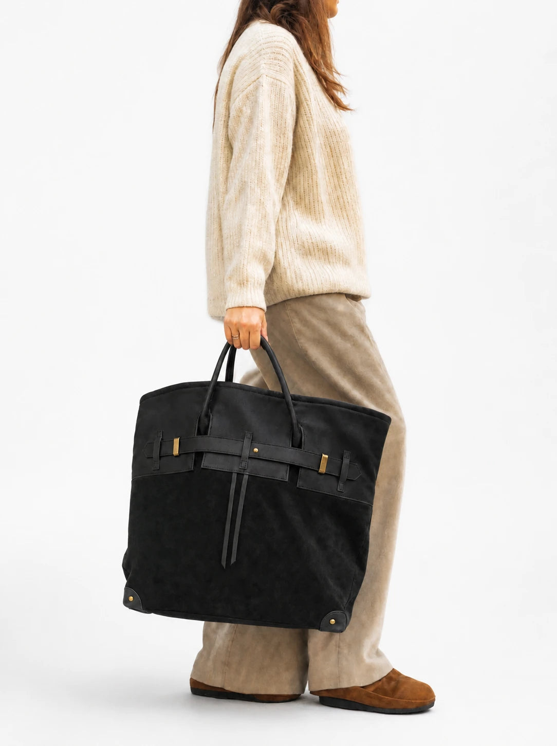 The Juliette Suede Tote in Black, lifestyle
