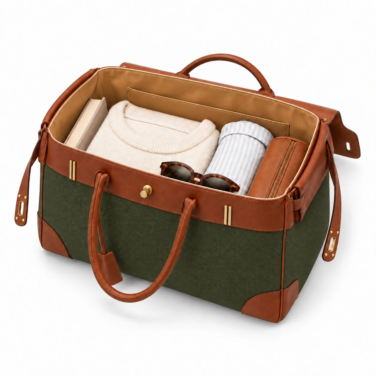 Velantra Weekender in Army Green, packed for the weekend