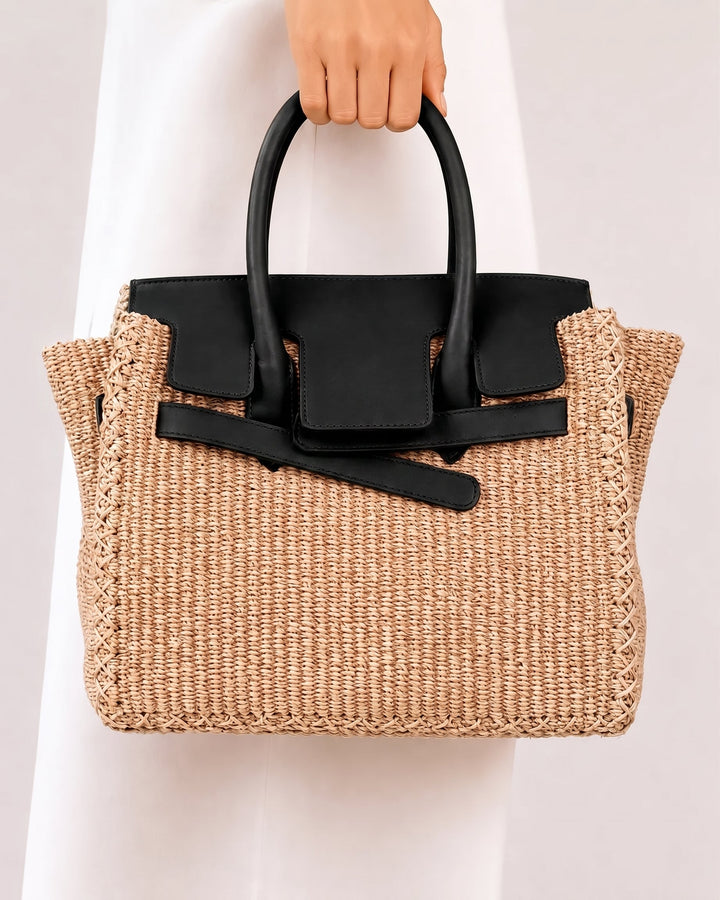 Velantra Straw Tote - Caban Black Hand-held front 