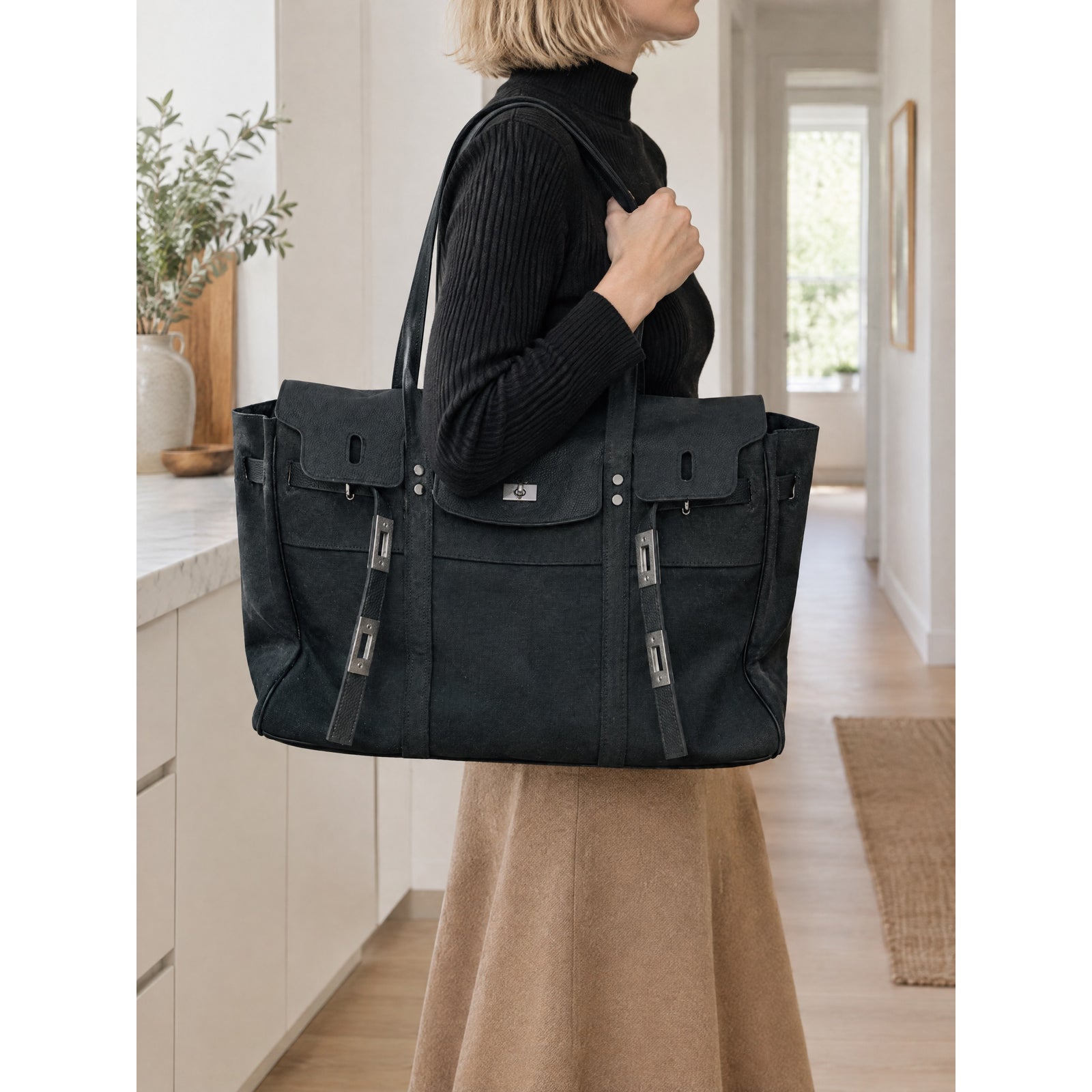 Lucienne Canvas Tote in Black, carry shoulder