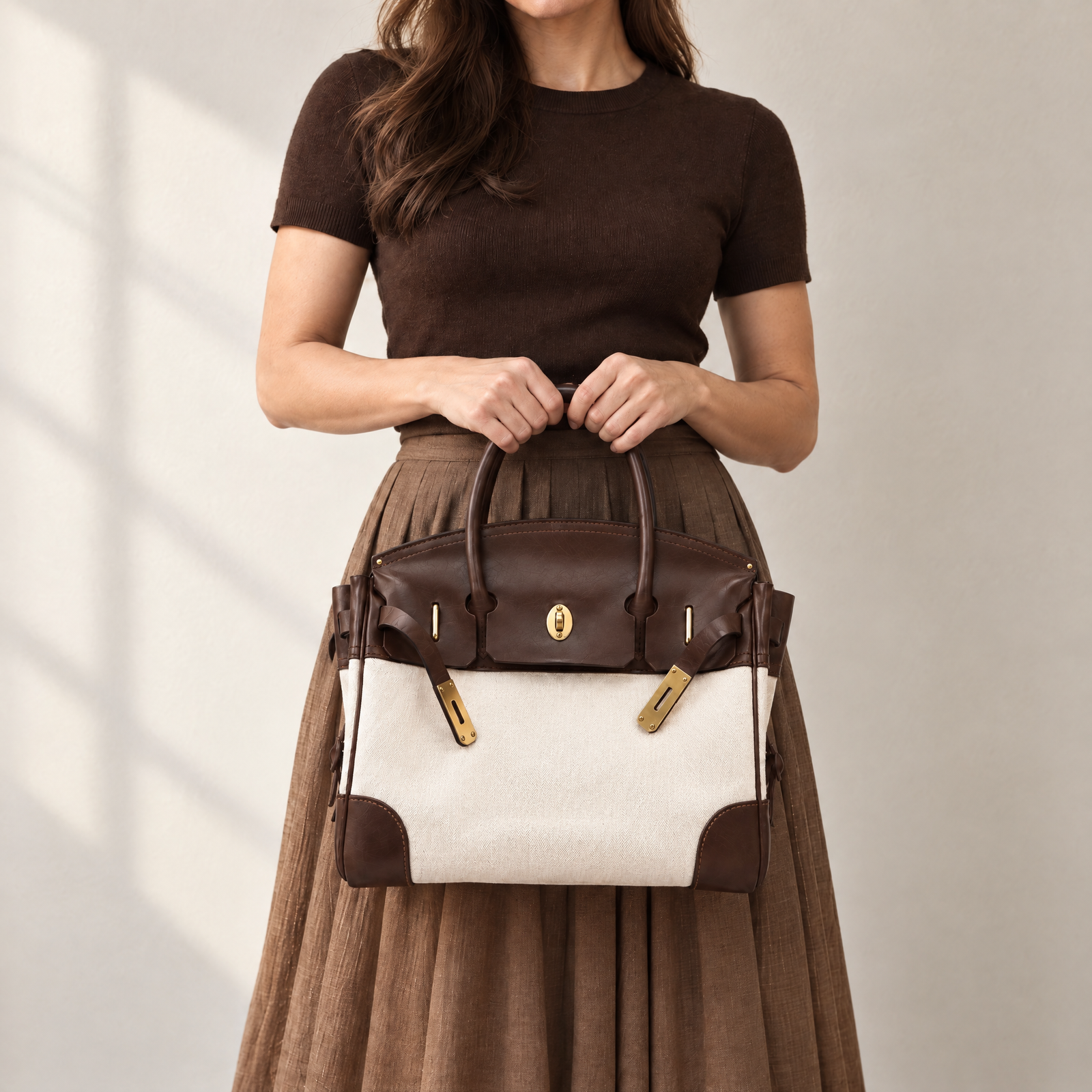The Vivienne Top Handle Bag in Espresso Canvas, carry