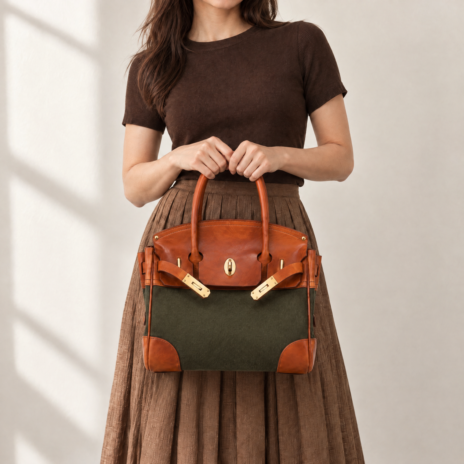 The Vivienne Top Handle Bag in Army Green Canvas, carry