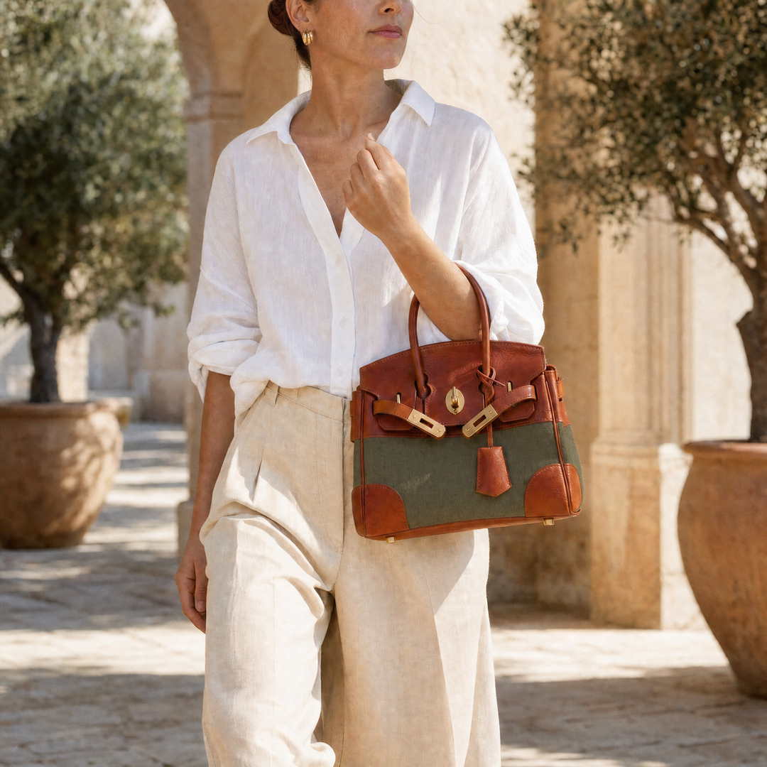 Velantra Delphine in Army Green, carried in the crook of the arm