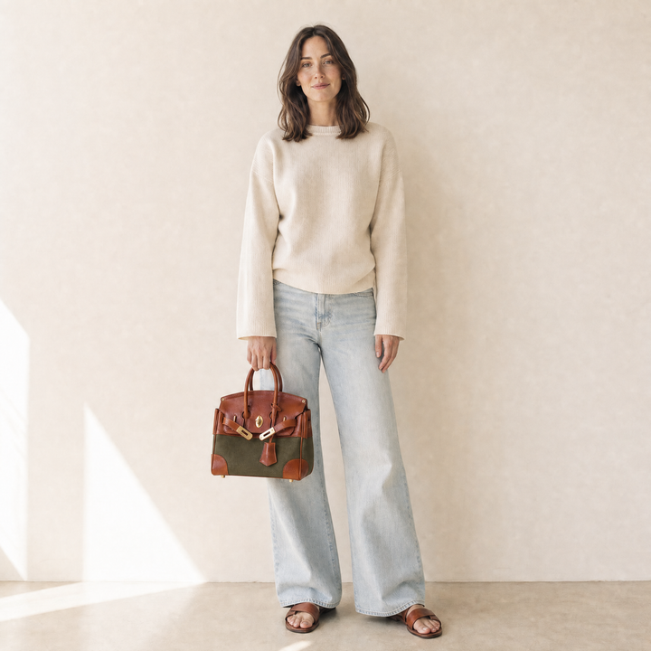 Velantra Delphine in Army Green, carried in the hand, true to scale