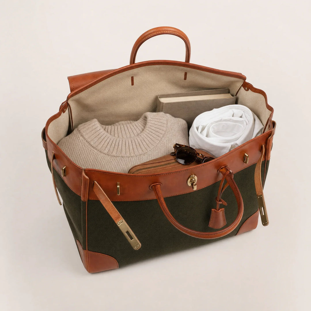 Velantra Weekender in Army Green, packed for the weekend