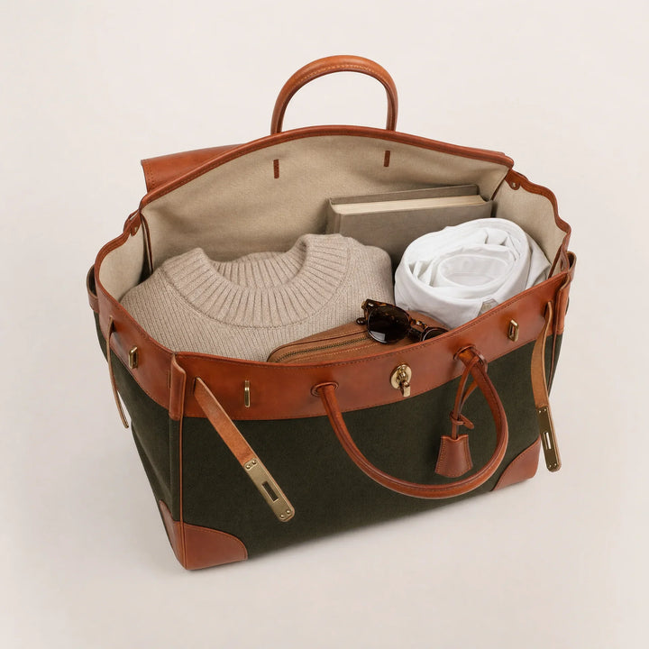 Velantra Weekender in Army Green, packed for the weekend