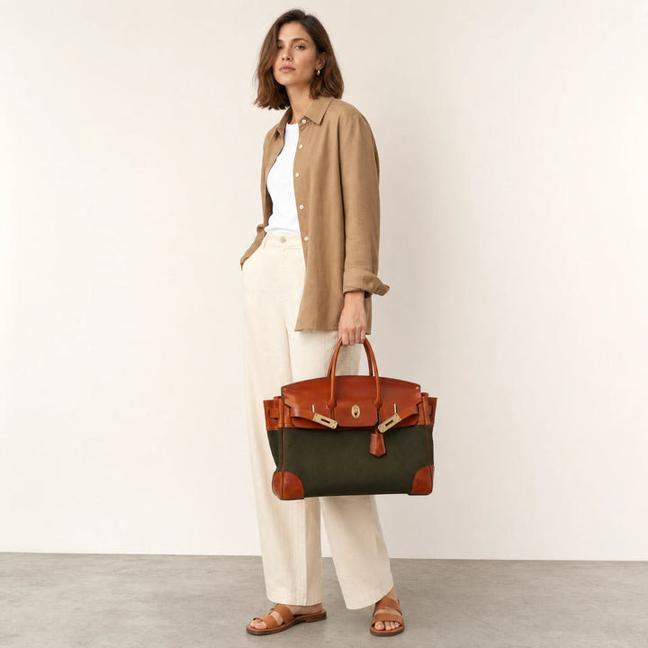 Velantra Weekender in Army Green, model carry