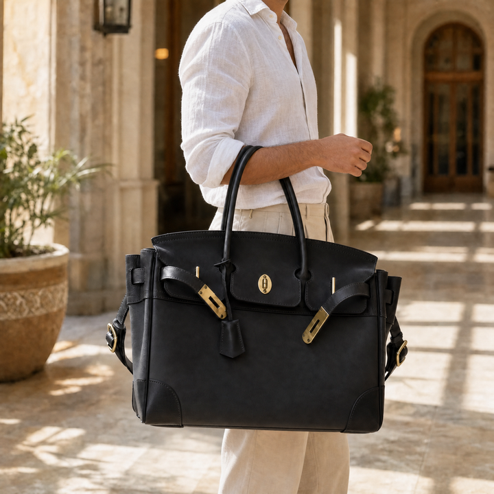 The Velantra Weekender in Black carried on the forearm
