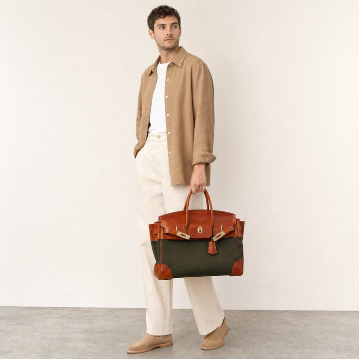 Velantra Weekender in Army Green, model carry