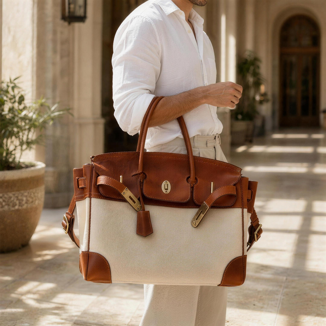 Velantra Weekender in Light Chocolate carried on the forearm, true to scale