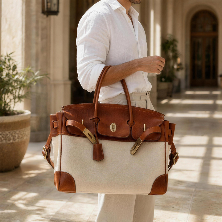 Velantra Weekender in Light Chocolate carried on the forearm, true to scale