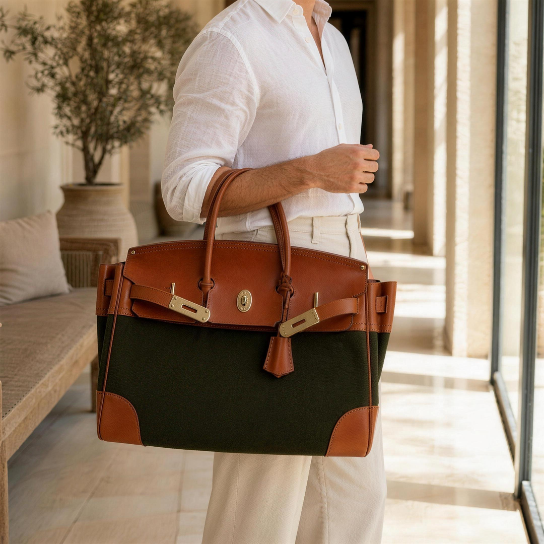 Velantra Weekender in Army Green carried on the forearm, true to scale