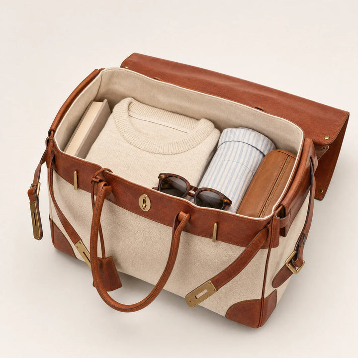 Velantra Weekender in Light Chocolate, packed for the weekend