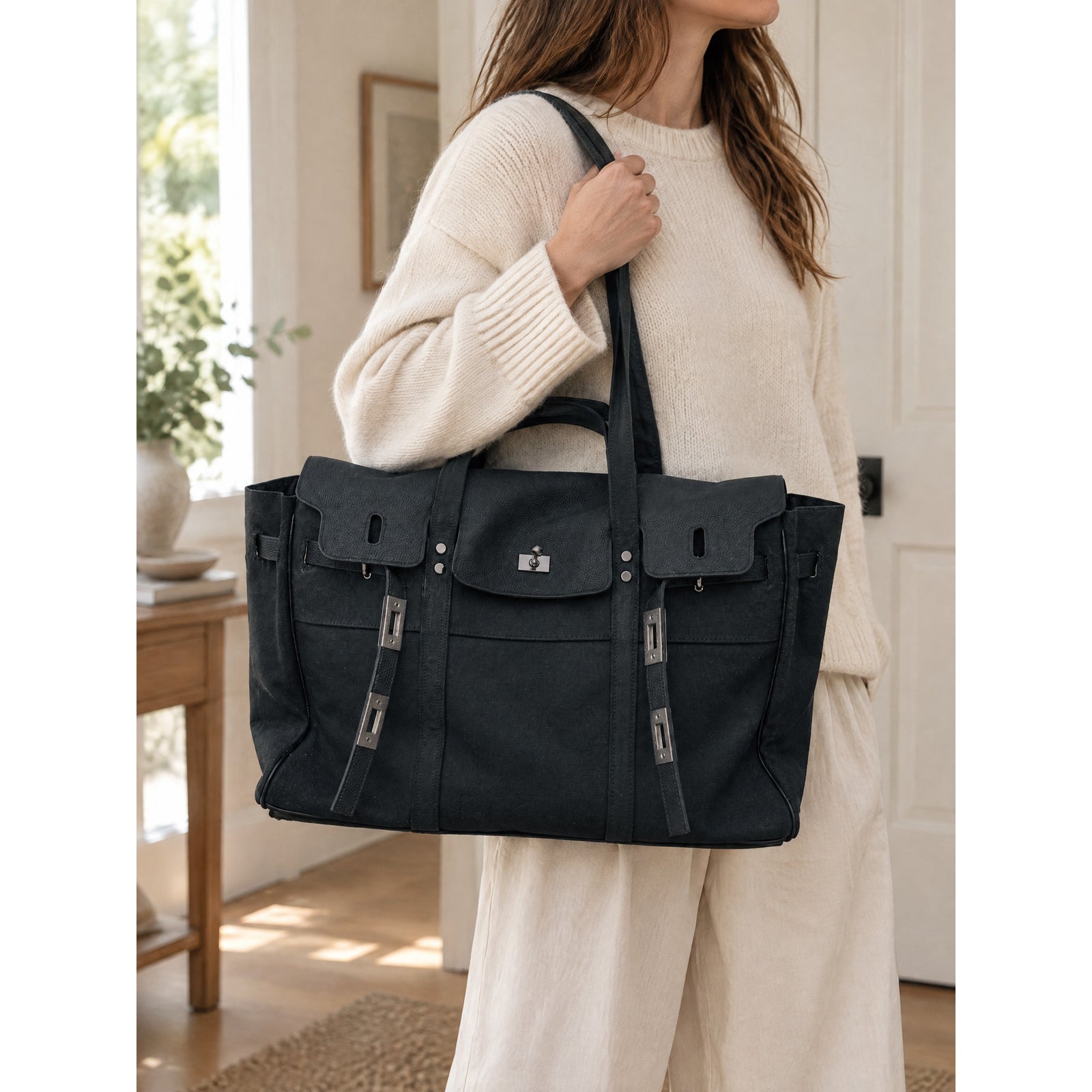 Lucienne Canvas Tote in Black, lifestyle