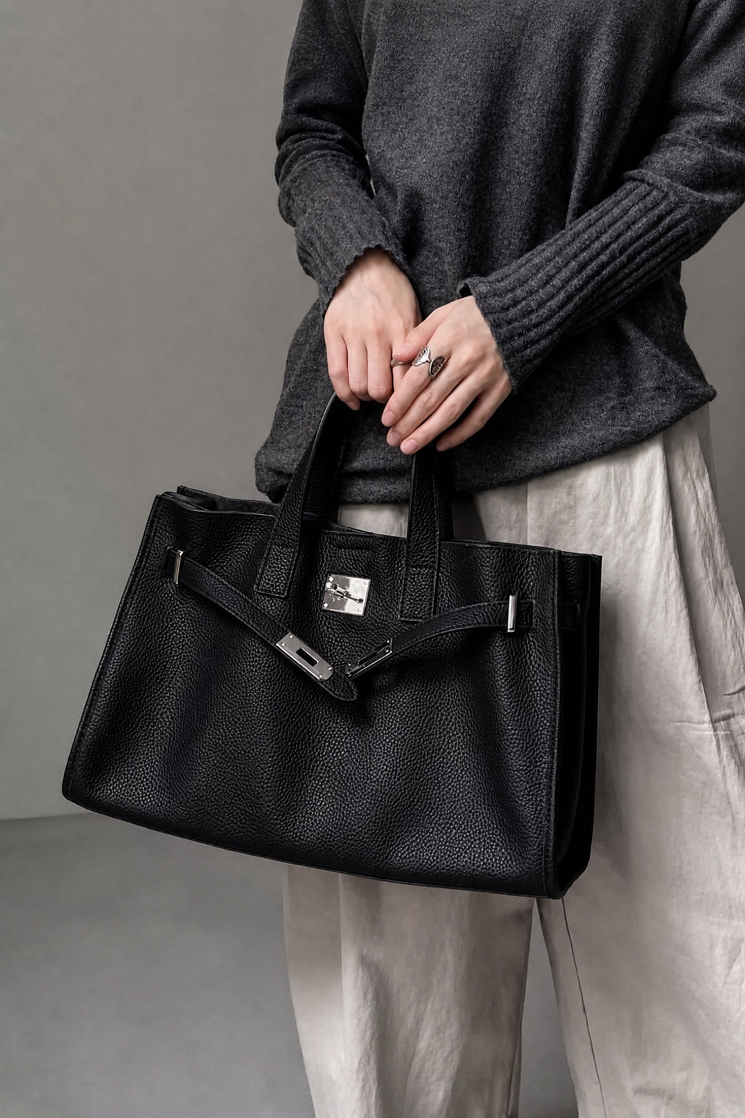 Velantra Margot Leather Tote - Midnight Black On-model 