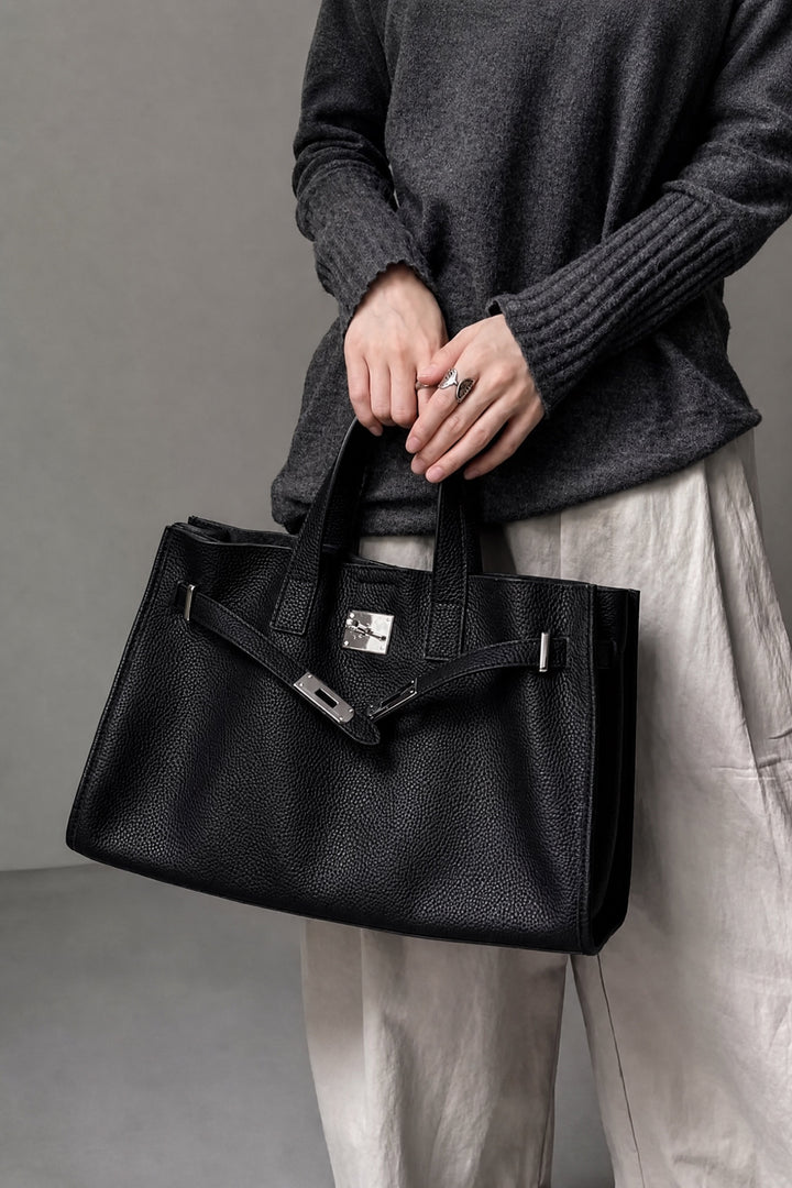 Velantra Margot Leather Tote - Midnight Black On-model 