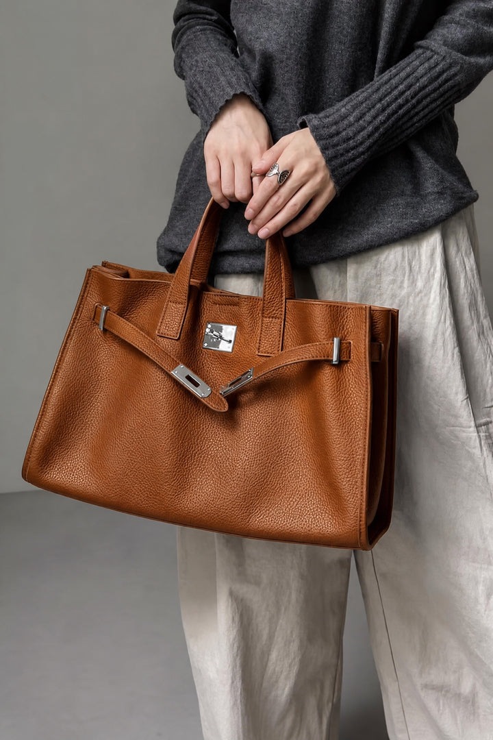 Velantra Margot Leather Tote - Brown On-model #color_brown
