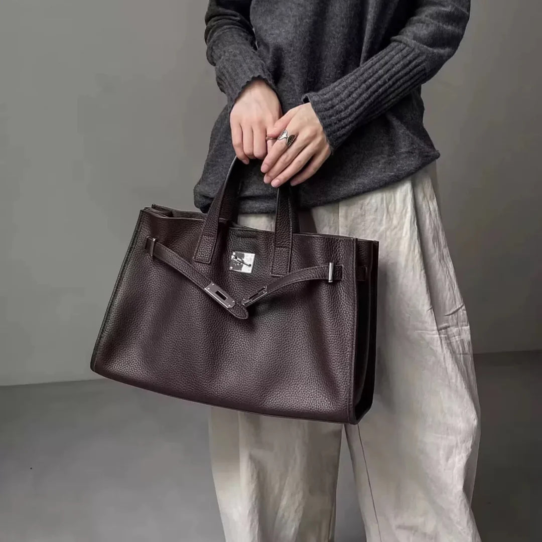 Velantra Margot Leather Tote - Burgundy On-model 