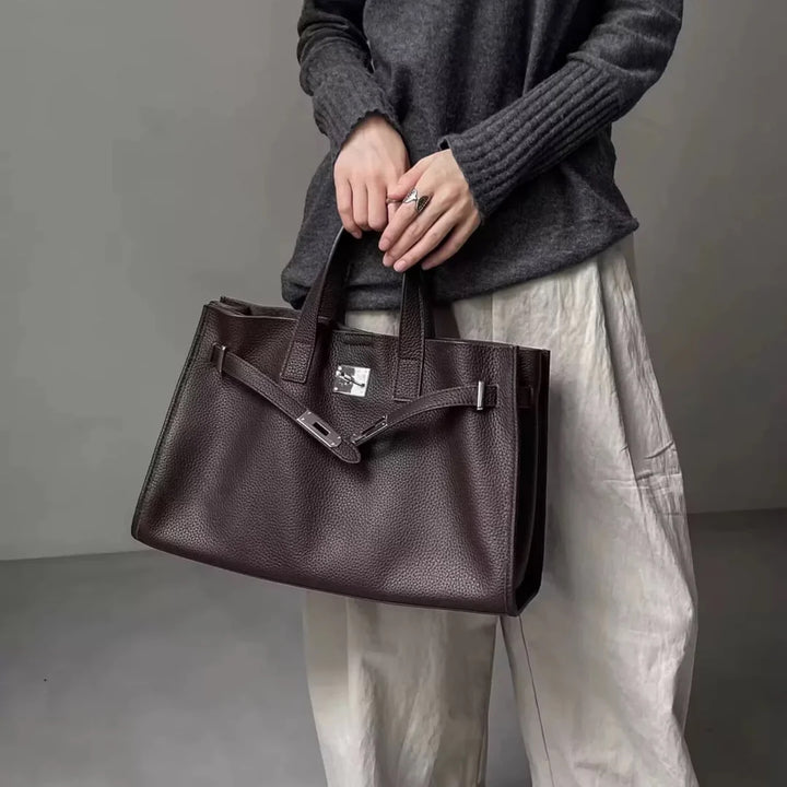 Velantra Margot Leather Tote - Burgundy On-model 