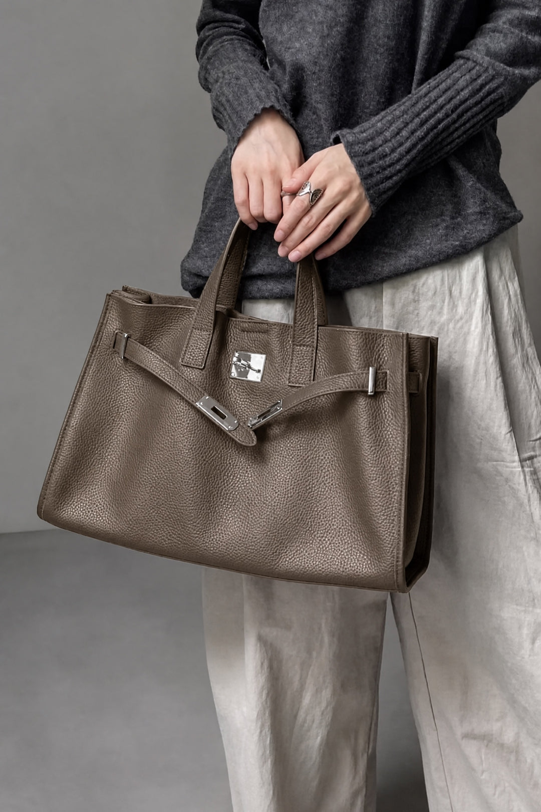 Velantra Margot Leather Tote - Coffee Brown On-model 