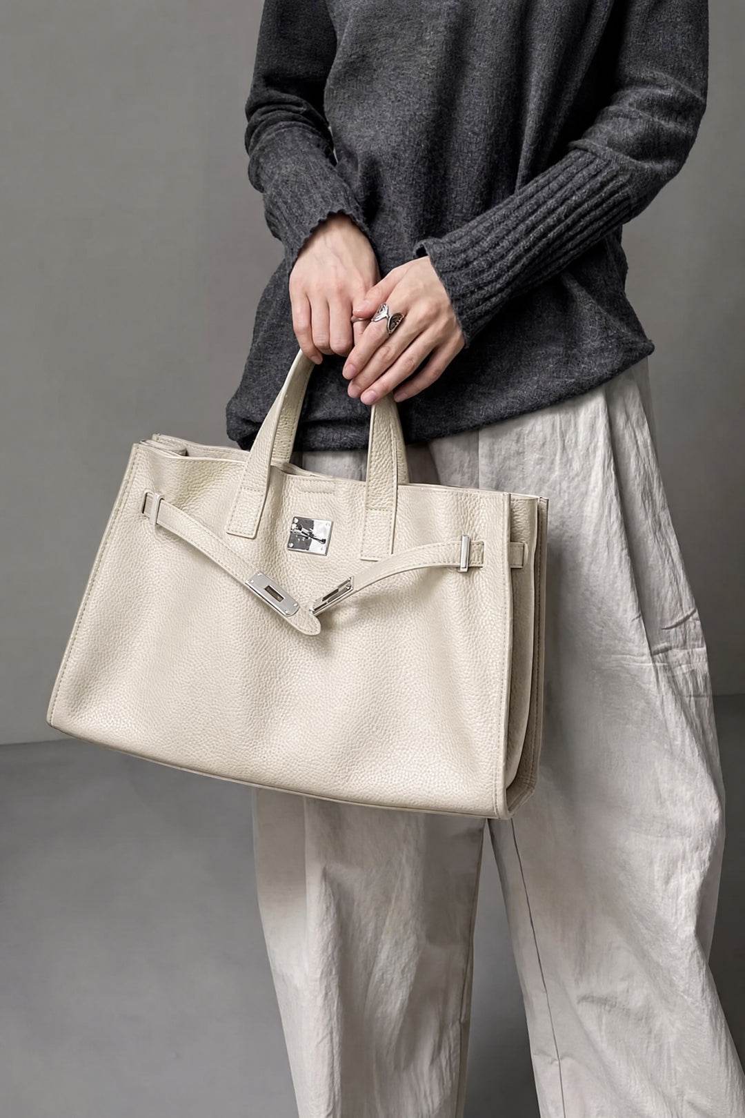 Velantra Margot Leather Tote - Cream On-model 
