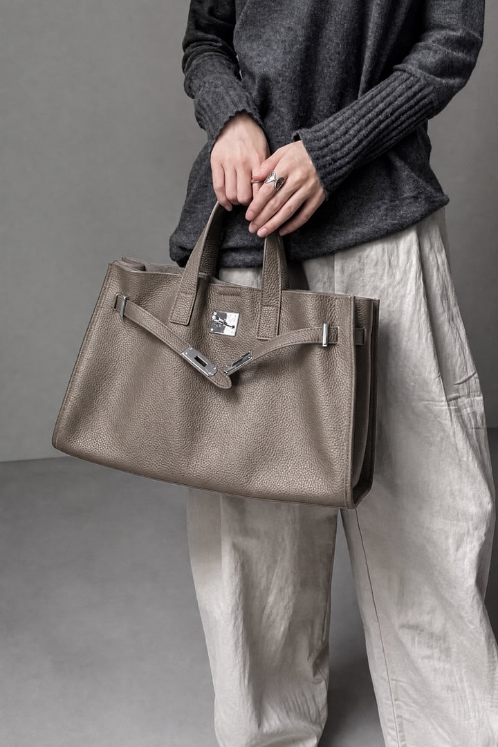 Velantra Margot Leather Tote - Taupe On-model 