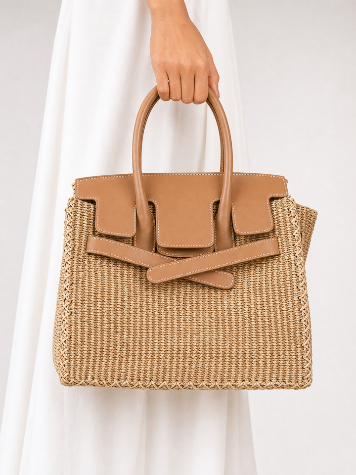 Velantra Straw Tote - Caramel Hand-held front 