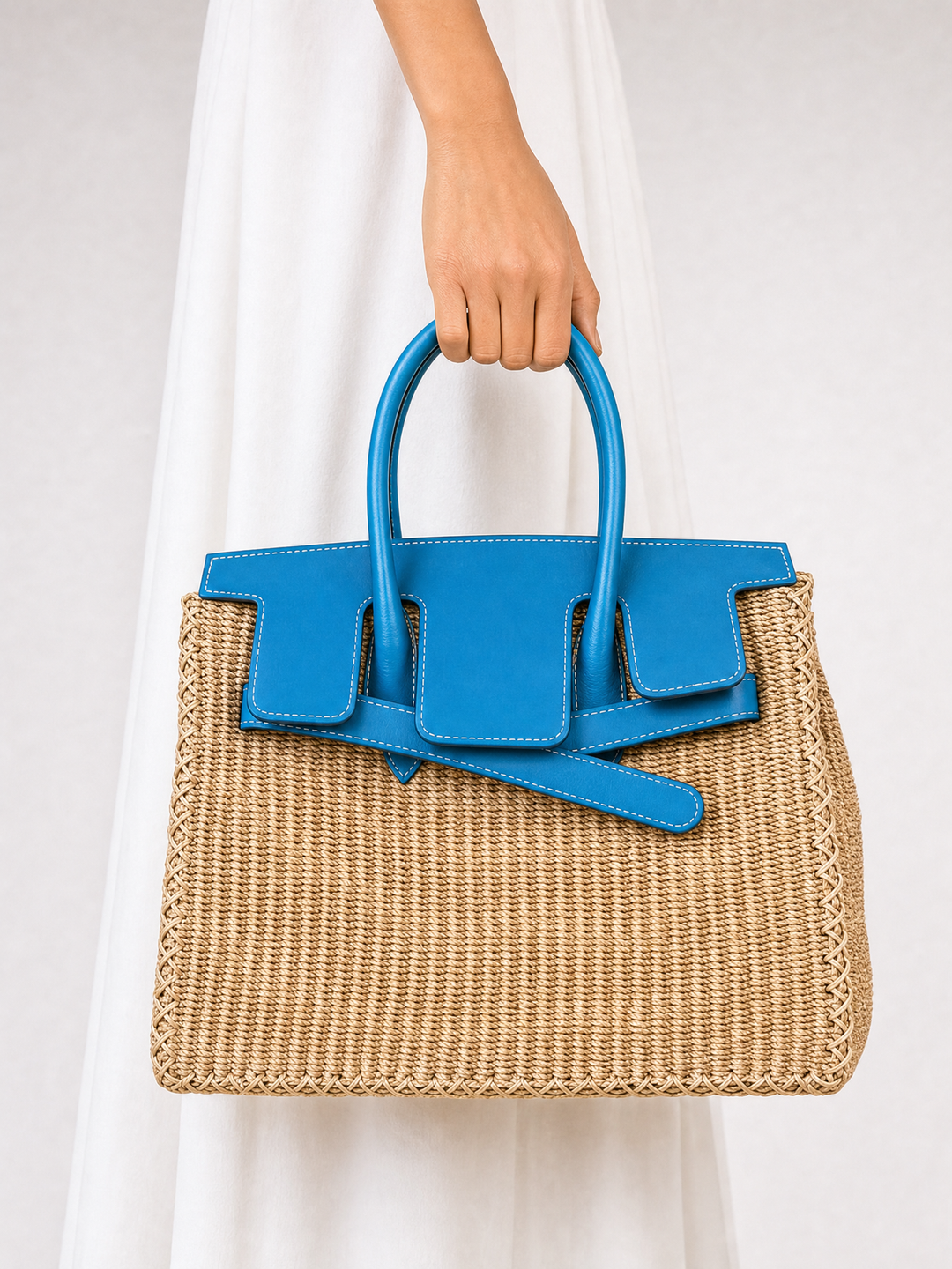 Velantra Straw Tote - Sky Blue Hand-held front 