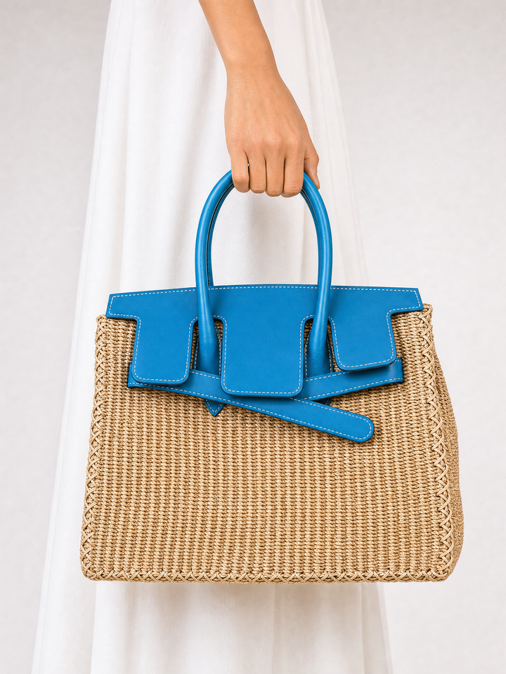 Velantra Straw Tote - Sky Blue Hand-held front 