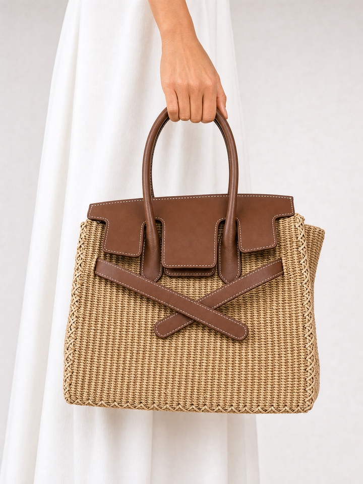 Velantra Straw Tote - Light Chocolate Hand-held front 