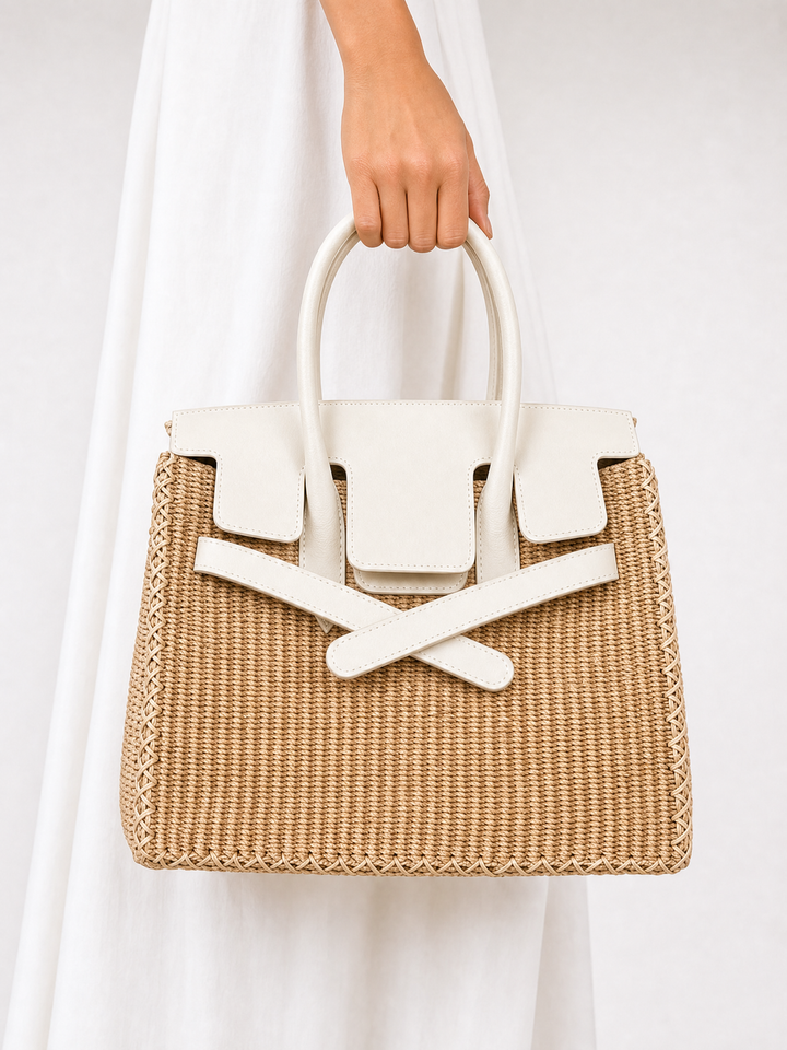 Velantra Straw Tote - Cream Hand-held front 