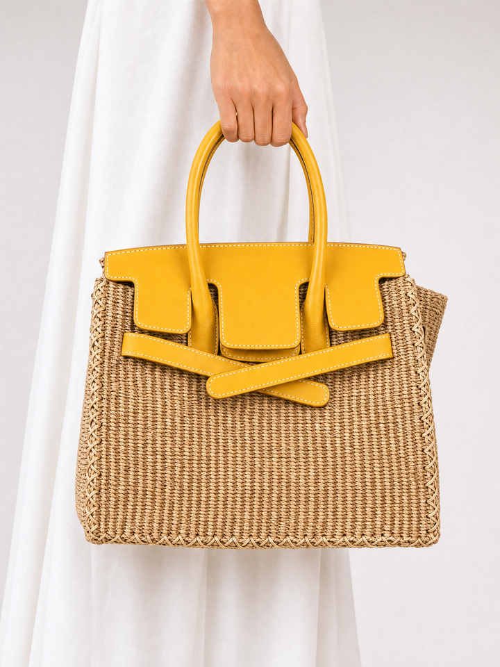 Velantra Straw Tote - Sunny Yellow Hand-held front 